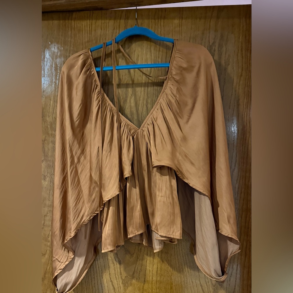 Tan Asymmetrical Ruffled Blouse
